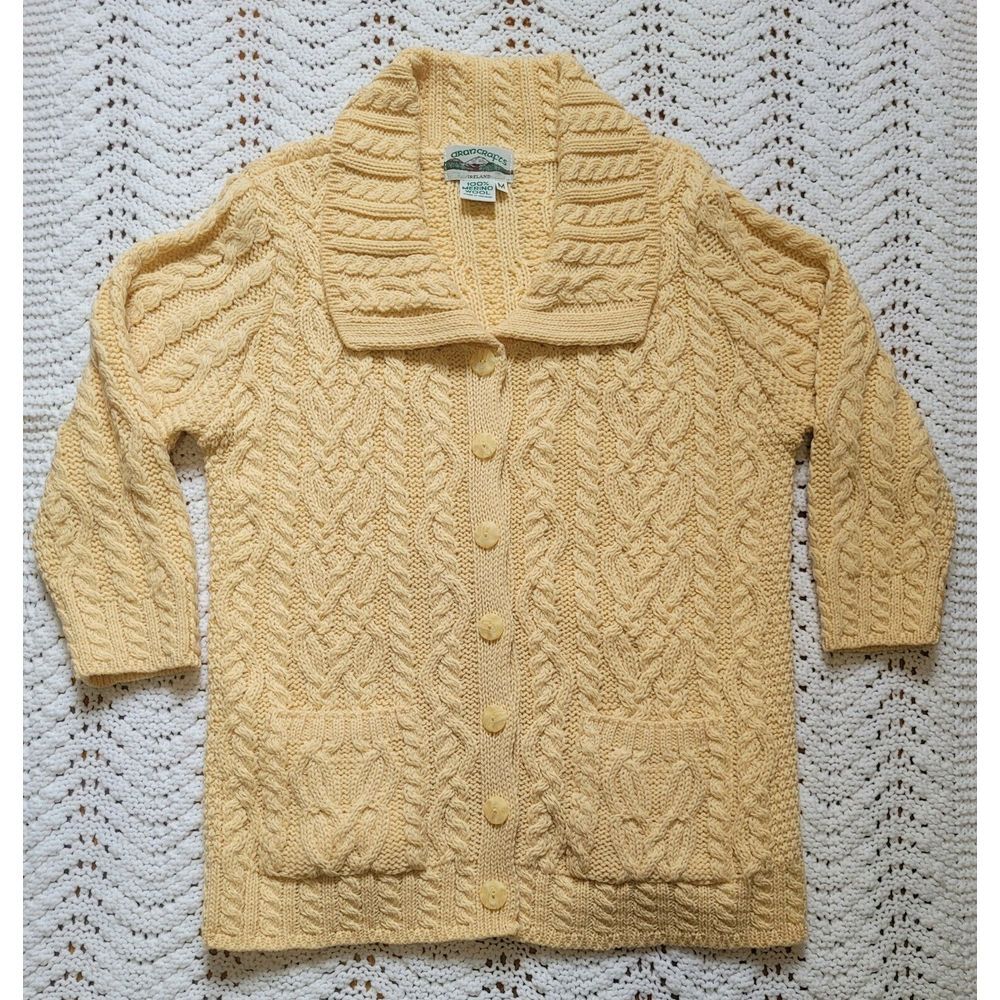 Like New! Aran Crafts Sz M Merino Wool Yellow Cardigan
